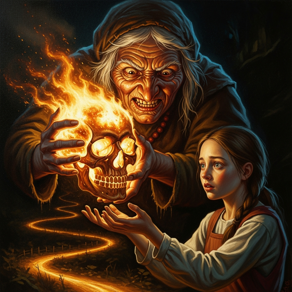 Baba Yaga pressing the burning skull into Vasilisa's hands — the witch's face caught between fury and something older, the eyes of the skull already fixed on the road home