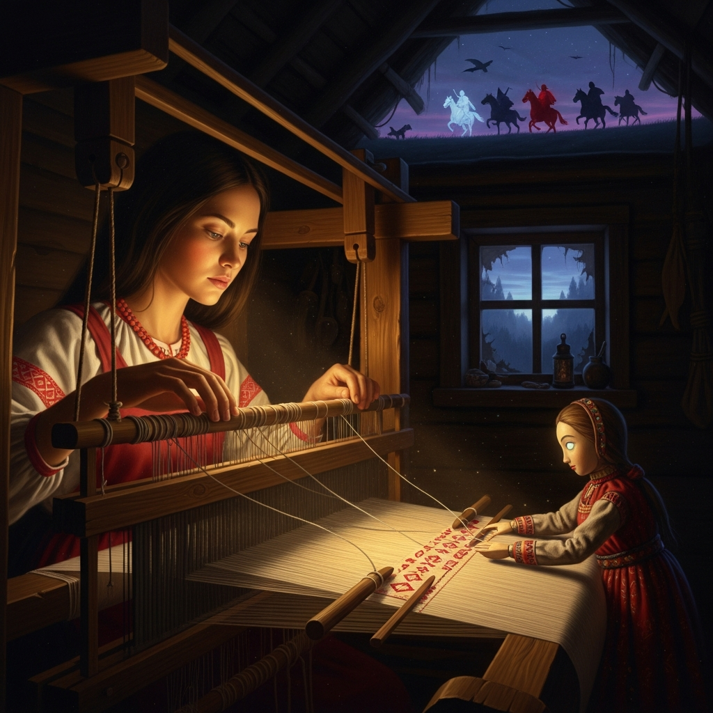 Vasilisa at the loom in the dark before dawn, the enchanted doll working beside her, the impossible tasks completing themselves while Baba Yaga's riders circle the hut
