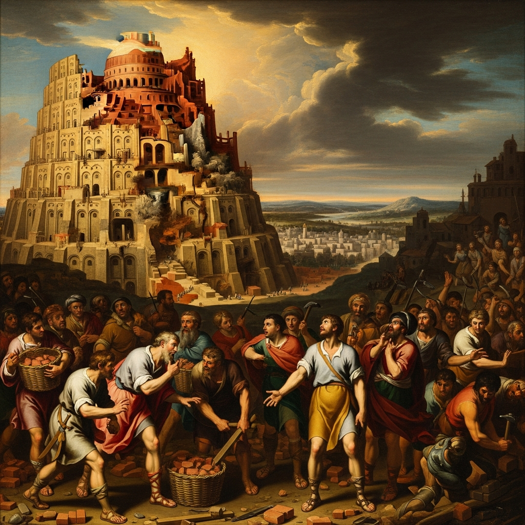 The builders turn to each other and hear only noise. They stop. They scatter across the face of the whole earth, city and tower left behind.