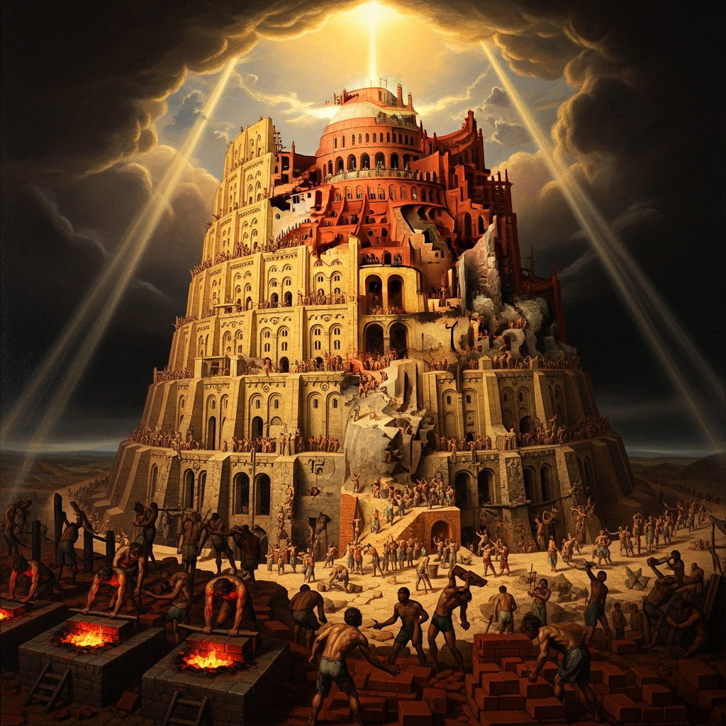 The whole earth speaks one language. The brickmakers press kiln-fired brick and the builders lay it with bitumen, and the tower rises on the plain of Shinar.