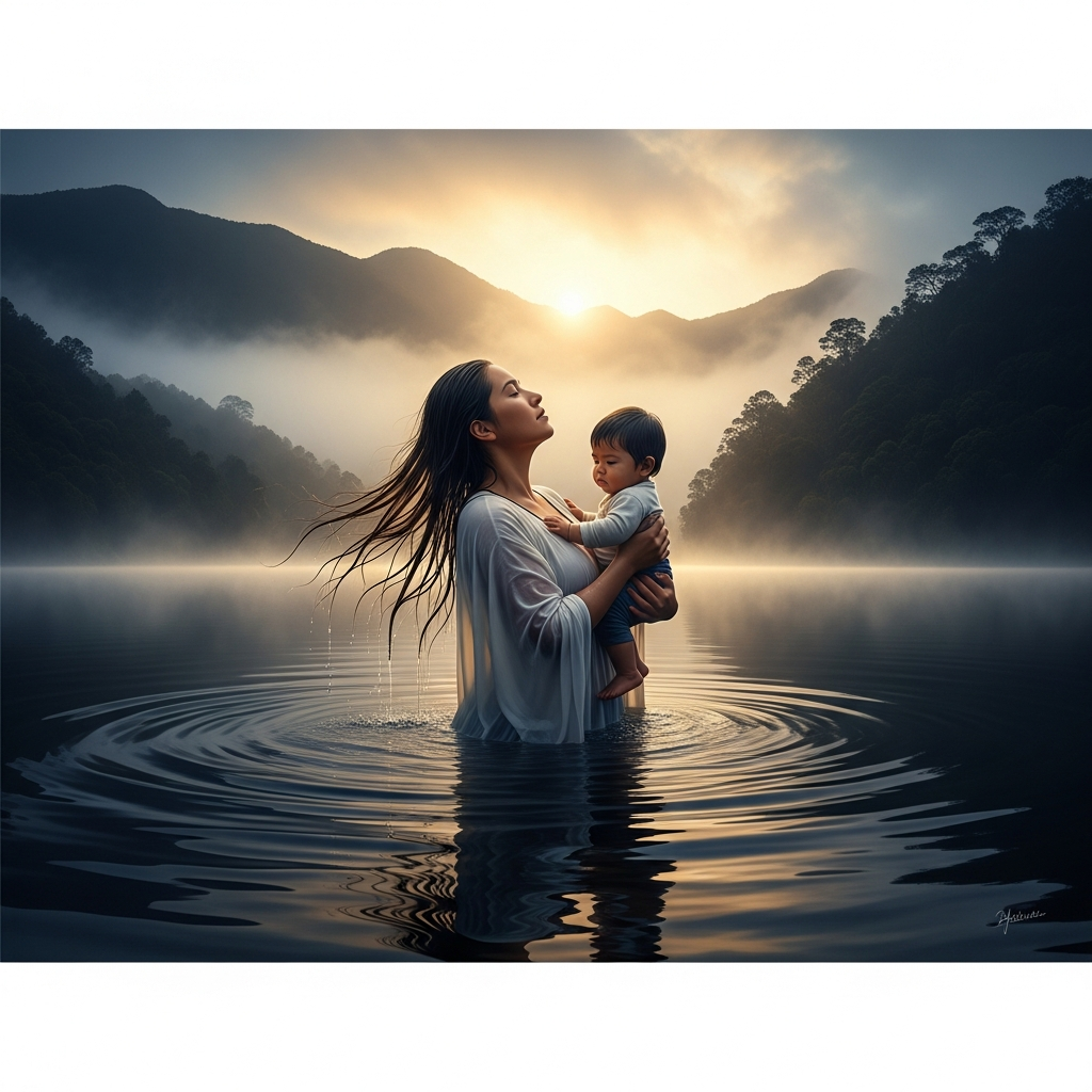 Bachué emerging from the cold dark water of Lake Iguaque at dawn — a beautiful woman rising from the lake surface carrying a small boy child, the high-altitude lake surrounded by cloud forest and morning mist, the Colombian Andes visible behind her, her wet hair flowing, the child awake and watching.