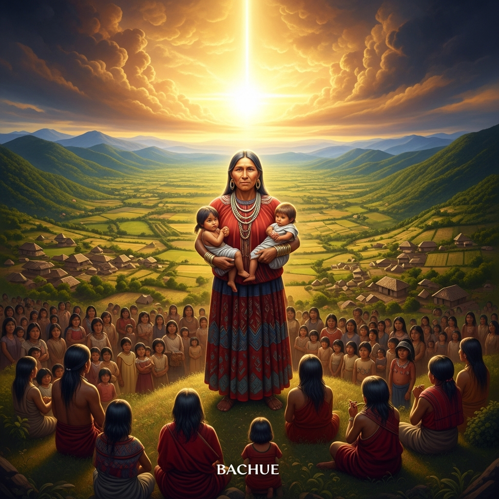 Bachué surrounded by the growing families of the Muisca people she has borne — a lush highland valley filled with villages and cultivated fields, Bachué at center as a mature woman of dignity and power, children and grandchildren stretching to the horizon in every direction.
