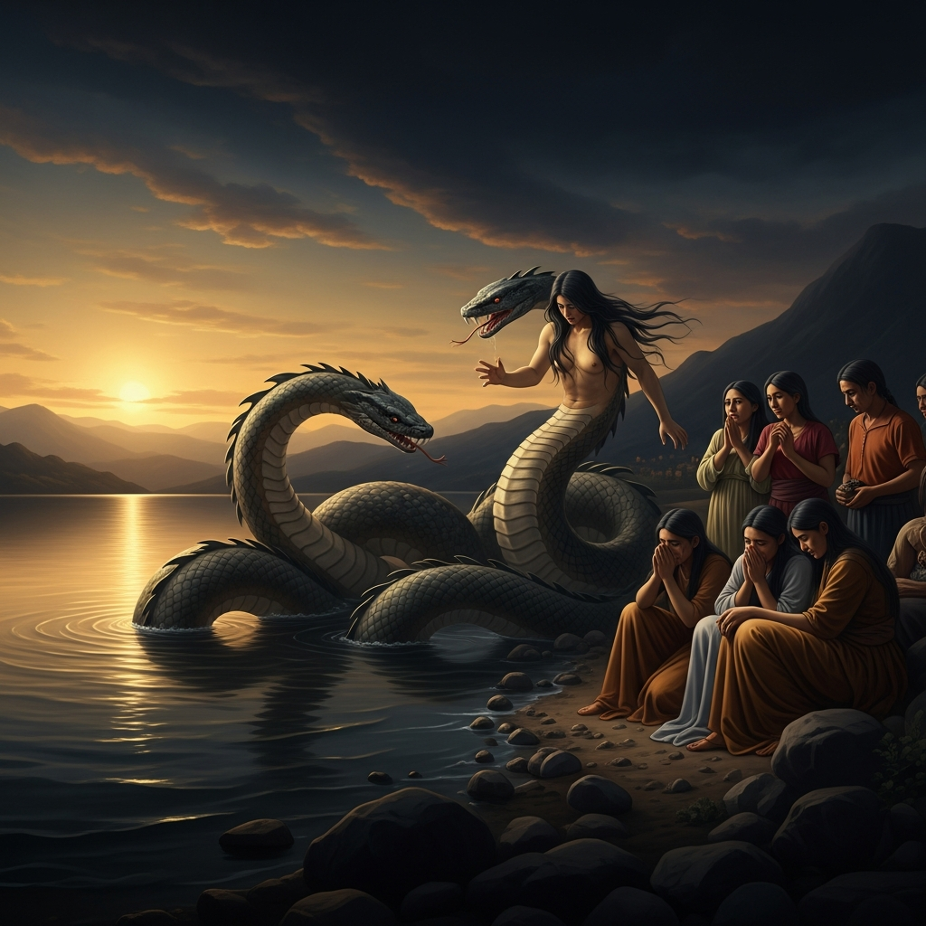 Bachué and her husband Furachogua at the shore of Lake Iguaque at dusk — both transforming into great serpents, their bodies beginning to coil and scale, the Muisca community gathered on the shore weeping, the two serpent-forms sliding into the dark water and disappearing beneath the surface.