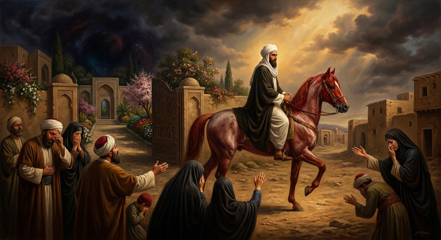 May 3, the twelfth day. He mounts a red roan stallion for the long forced exile to Constantinople. The garden — *Ridván*, Paradise — closes behind him.