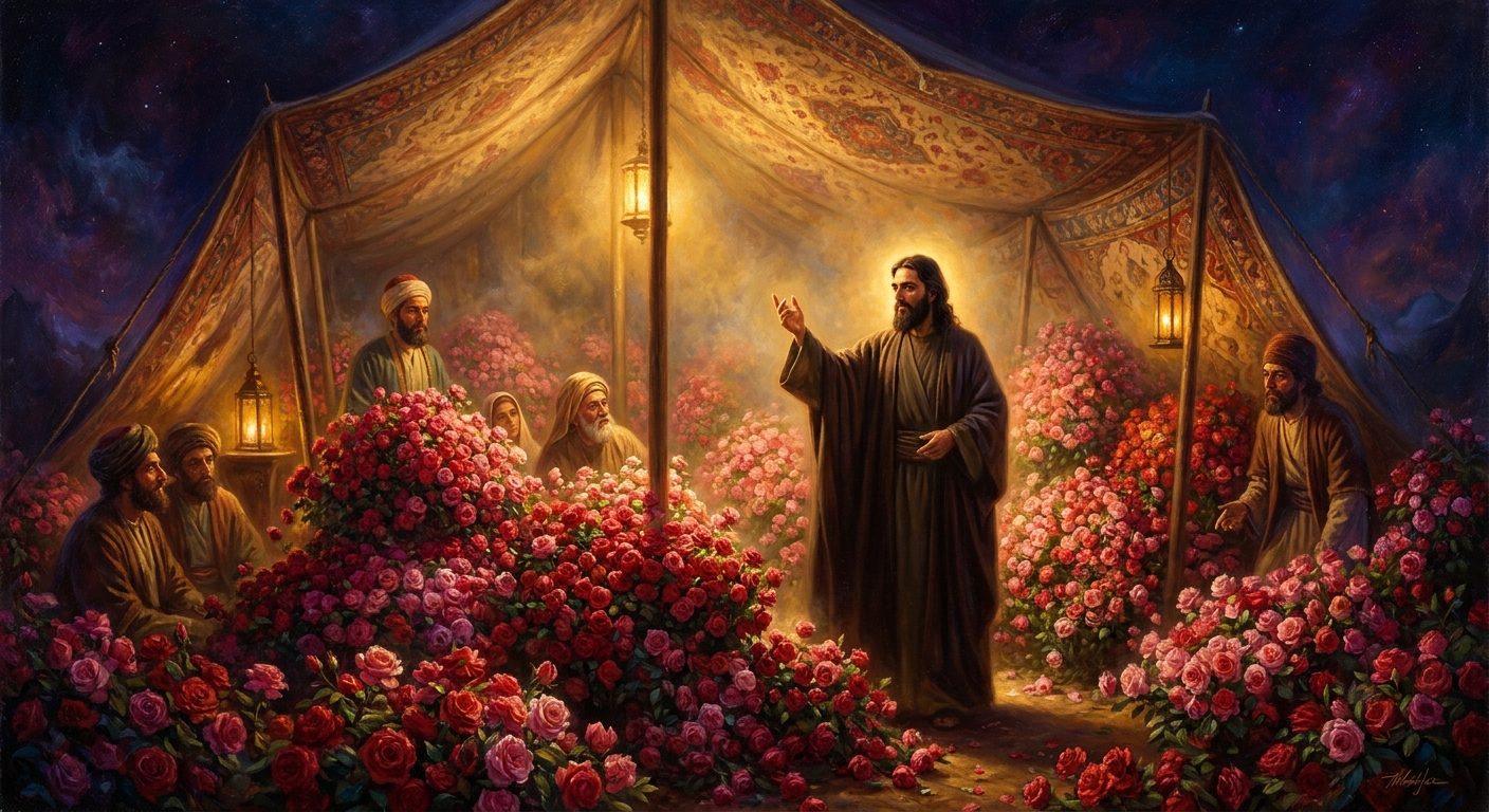 Inside the tent: roses heaped so high that pilgrims passing them across the floor cannot see the man on the other side.