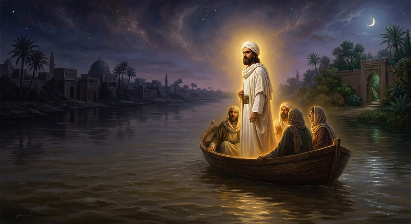 April 21, 1863. Mírzá Husayn-ʻAlí — Bahá'u'lláh — crosses the Tigris from his Baghdad house into the Najibiyyih Garden, the river behind him for the last time.