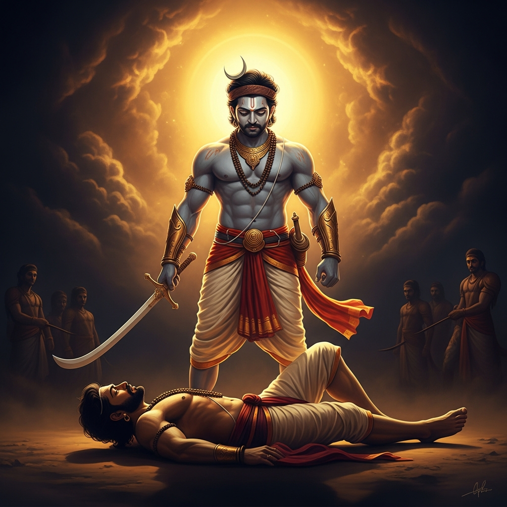 The moment after the victory. Bahubali stands over his brother, who has conceded. The kingdoms of the world are his to take. He looks at them with the precise expression of a man who has just realized he does not want what he just won.