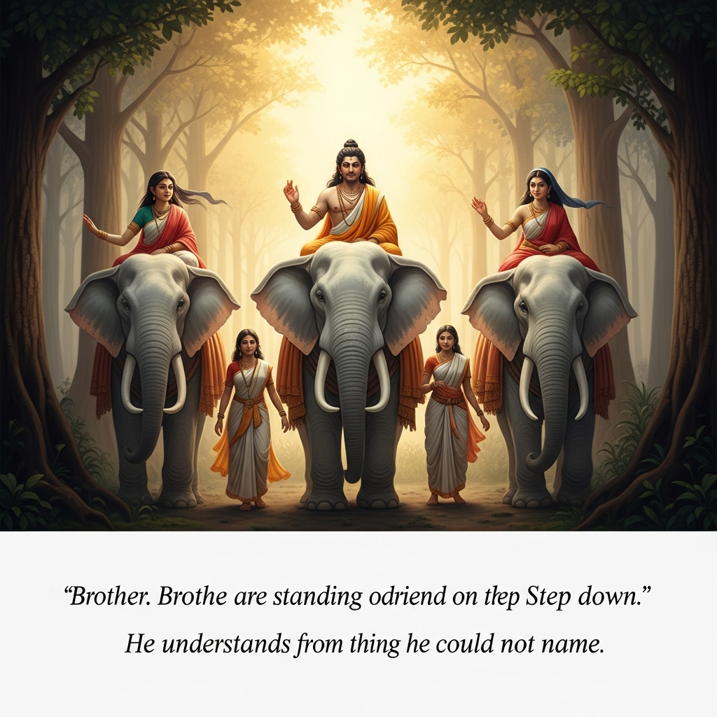 His sisters Brahmi and Sundari approach through the forest on white elephants, already ordained as nuns. They call up to him: *Brother. You are standing on an elephant. Step down.* He understands. He steps down from the thing he could not name.