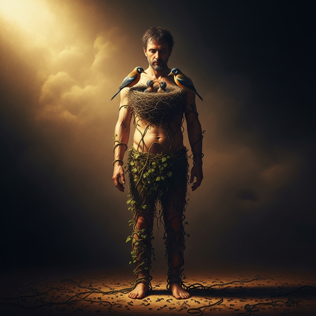 Months into the standing meditation. Vines have reached his knees. Ant-paths cross his feet. A pair of birds have built a nest in his matted hair and are feeding their young. He does not know this, or knows it the way a mountain knows weather.
