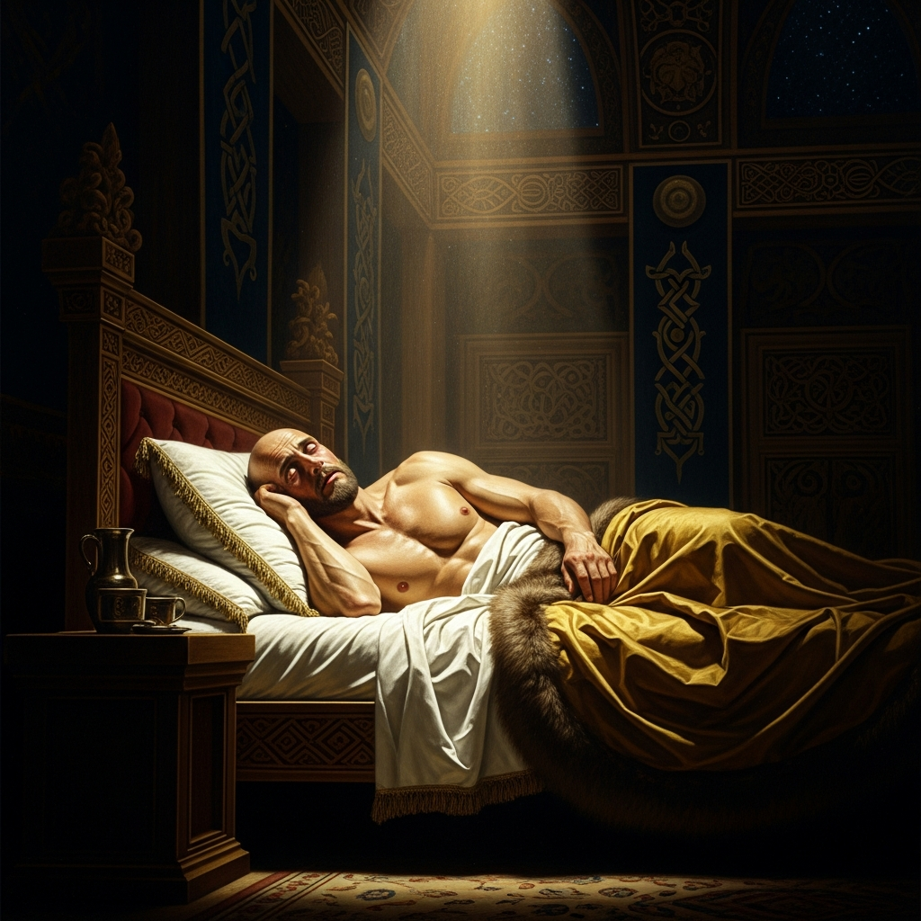 Baldr sleeping in Breidablik. His face is the face of a man hearing something he cannot unhear. The dream is already inside him when he wakes.