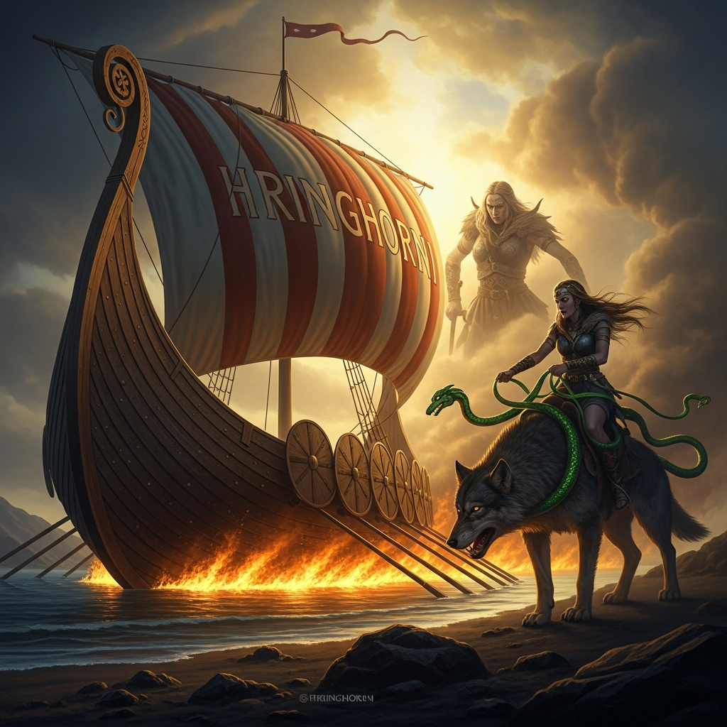The ship Hringhorni on the water's edge, too heavy for any god to move. The giantess Hyrrokkin arrives on a wolf with serpents for reins. One shove and the ship catches fire from the rollers.