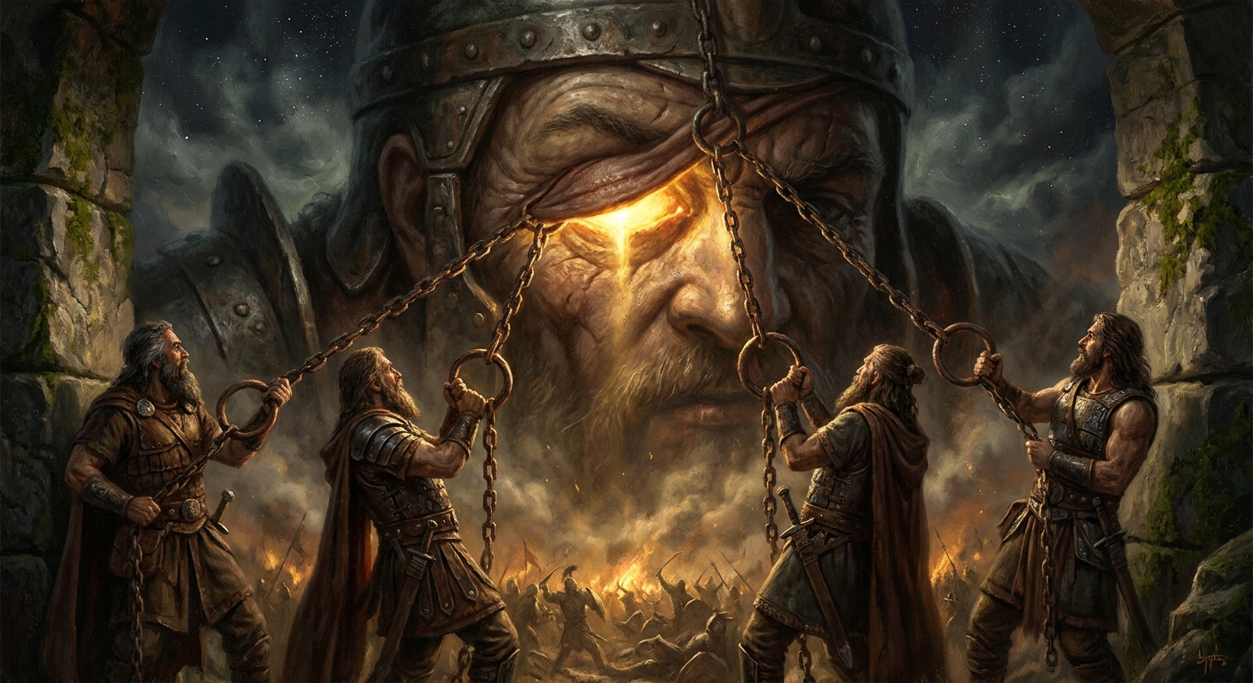 Balor of the Evil Eye, four men hauling open the lid with iron rings — and the killing gaze beneath.