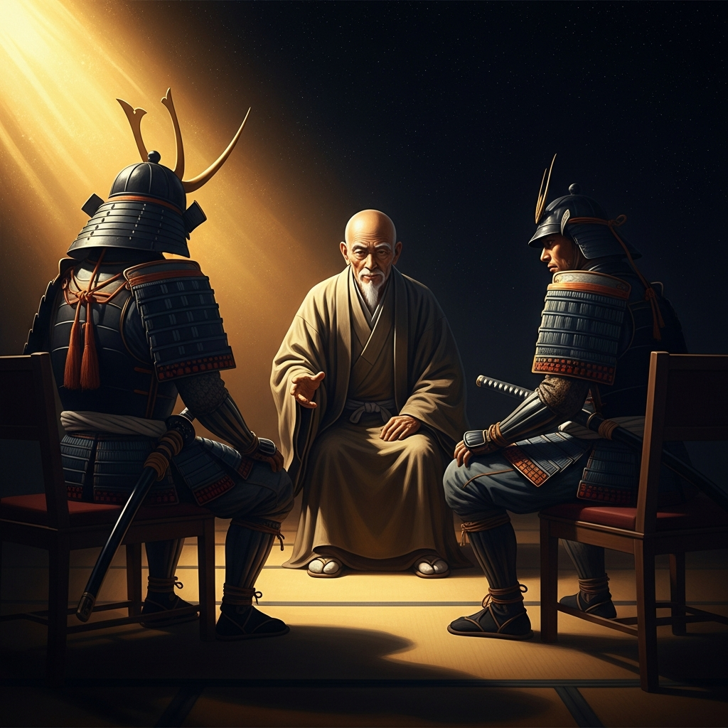 The samurai sits in the back row on the fourth day, quiet for the first time. Bankei addresses him directly: you have been showing your Buddha-nature for three days.