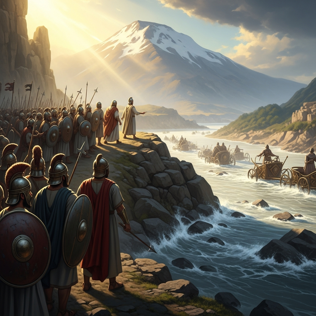Ten thousand men of Zebulun and Naphtali march to Mount Tabor. Deborah is with them, as she promised. When Barak leads them down from the high ground, the Kishon River — swollen, the Song will say, by the stars fighting in their courses — sweeps Sisera's nine hundred iron chariots into chaos.