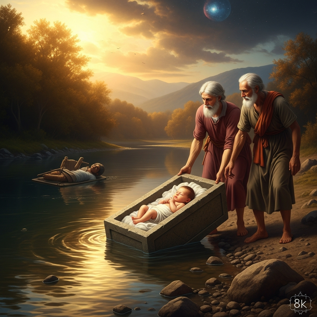 The newborn seventh daughter is placed in a stone box and floated down the river by royal command. The king has no use for another daughter. The box drifts until an old couple pulls it from the water. Inside is a child who has already survived the first abandonment.