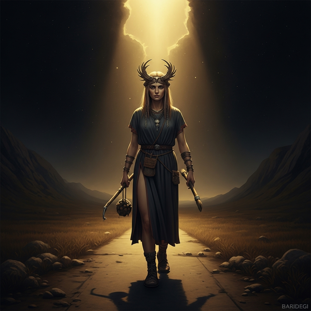 Baridegi walks toward the Western Paradise in iron shoes on a road that wears metal down to nothing. She carries no weapon, no map, no companion. The shamanic tradition specifies the iron shoes because the path to the underworld must be walked until the walking destroys what carried you there.