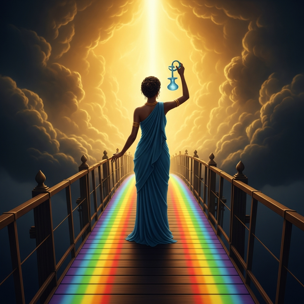 After nine years of labor and seven sons, Baridegi receives the Water of Life from the spirit lord. She turns back toward the world of the living. On the rainbow bridge between the realms, she can already see what she will find: her parents' bodies, cold, on the wrong side of the moment she has been walking toward.