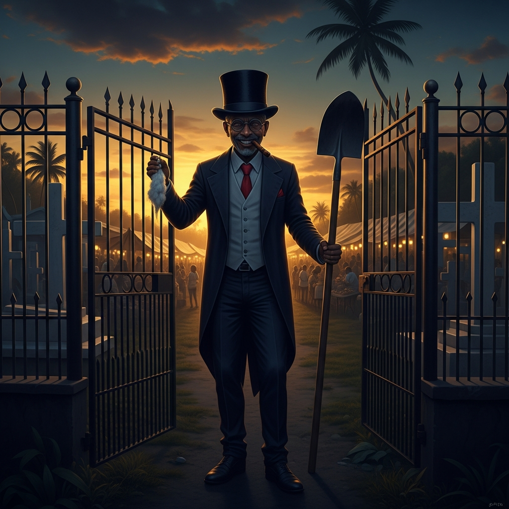 Baron Samedi at the iron gate of a Port-au-Prince cemetery at dusk: top hat, dark glasses, cigar, rum-soaked cotton in one hand and a grave-digging spade in the other. He is grinning. Behind him, the white crosses of the cemetery are deep in tropical shadow. Ahead of him, the market is still lit.