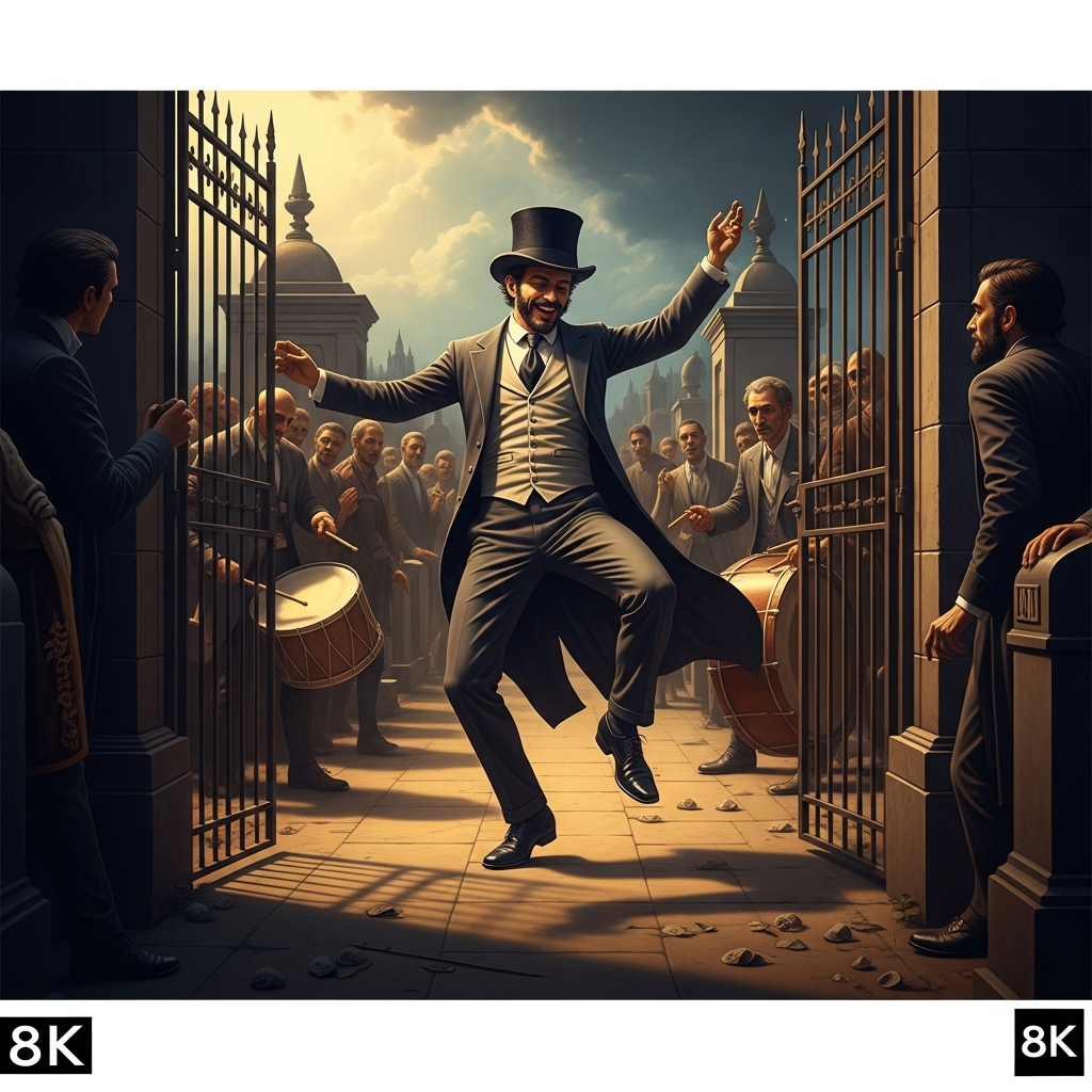 He dances the banda at the crossroads of the cemetery — the death-dance, all thrust hip and thrown head — his top hat still in place, his coat open, his laugh audible over the drums. The Gede crowd around him. The living watch from outside the gate.