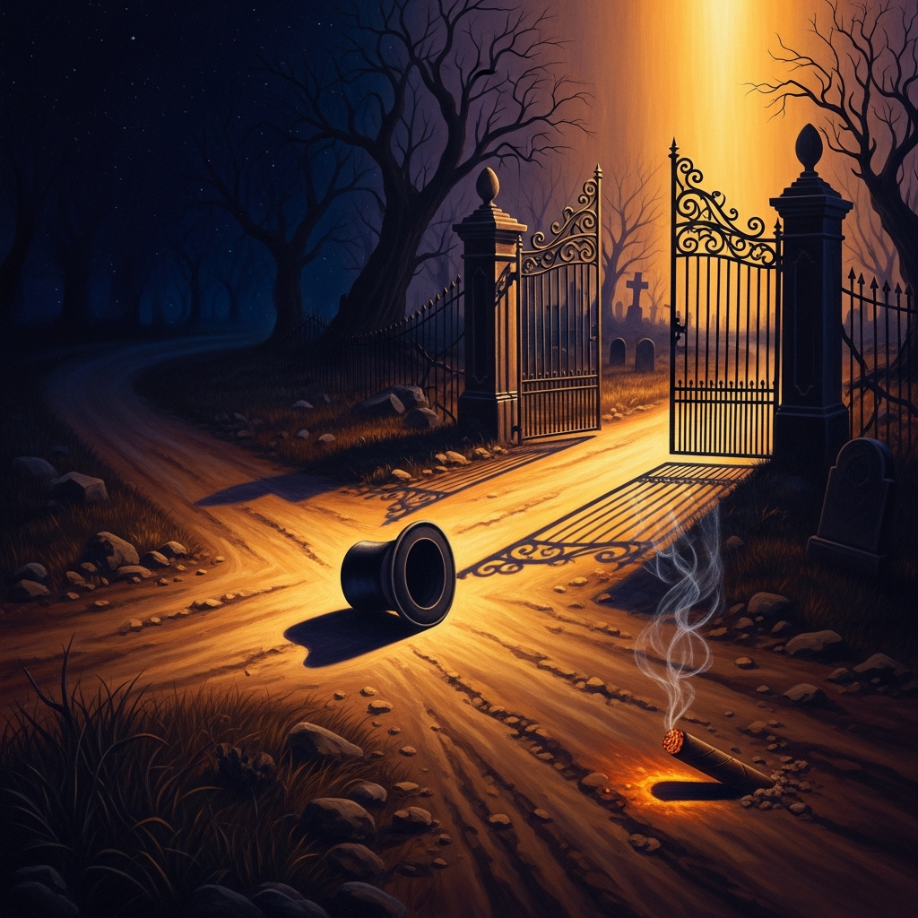 The crossroads at midnight, no one on either road. A top hat on the ground. A cigar still burning in the dirt. The iron gate of the cemetery standing open.