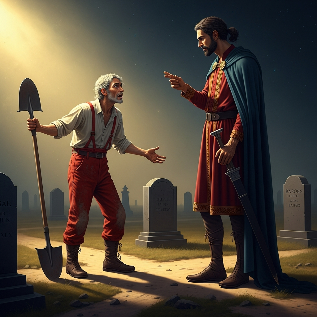 The gravedigger and the Baron at the crossroads. The gravedigger is lean and gray-haired, in work clothes stained with red clay. The Baron is taller than he should be. The conversation is not going the way the gravedigger expected.