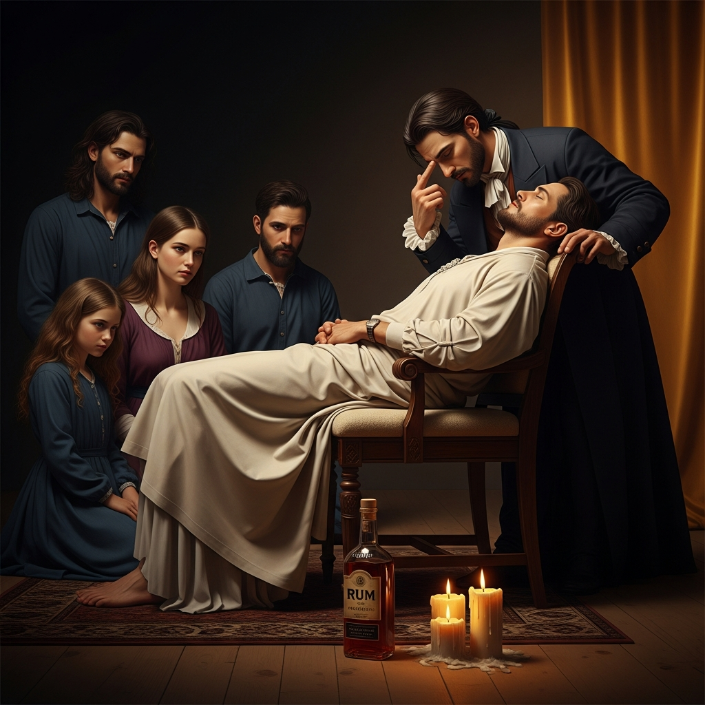The Baron bends over the sick man, pressing two fingers to his temple, his face stripped of all mockery for this single moment. The family kneels behind him. He has not yet decided. The rum bottle stands between the candles like a sentinel.
