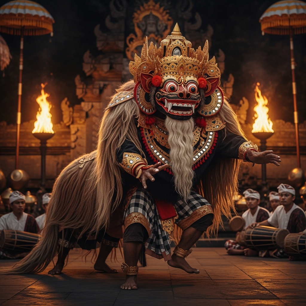 Barong in full ceremony regalia — the massive gilded lion mask with its mirror-studded beard, the long shaggy body borne by two men moving in perfect synchrony. Temple fires behind him. Gamelan musicians in the distance. His eyes are wide and bright. He is protective, magnificent, and genuinely inhabited. Balinese ceremonial setting, dramatic torchlight, oil painting rendering, 8k.