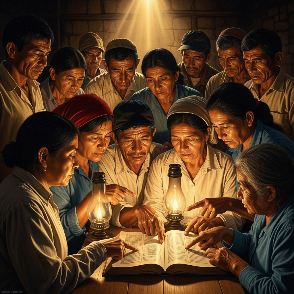A base community gathered by lamplight — small groups of campesinos and urban poor reading Exodus together, without priestly mediation, recognizing themselves in the text.