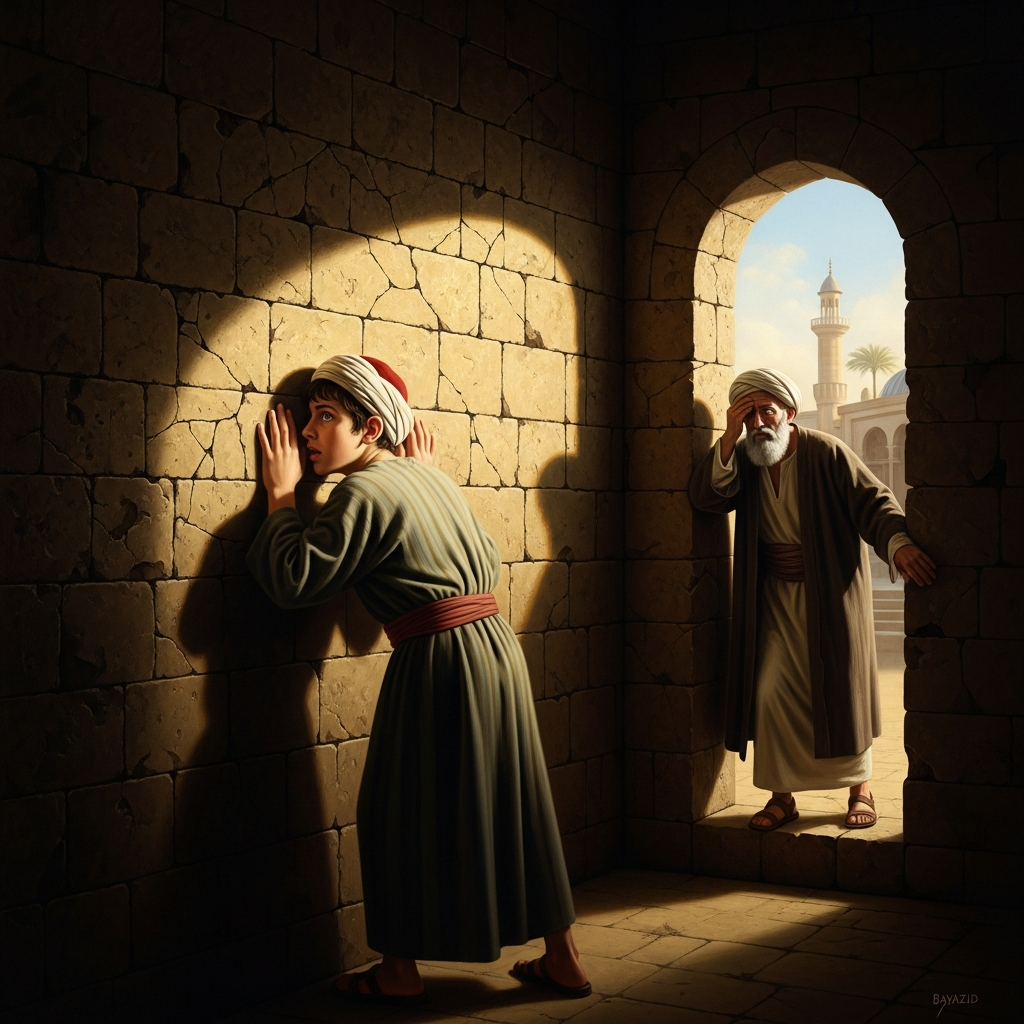 A disciple presses against the mosque wall, hearing through the stone what sounds like the voice of God — and then sees Bayazid walk out, blinking, into the ordinary afternoon.