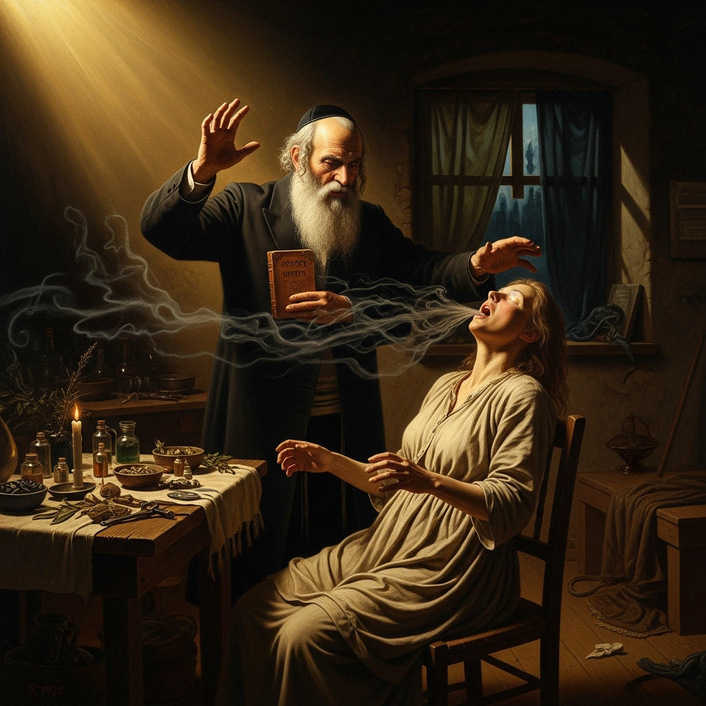 He extracts a dybbuk from a possessed woman in a back room — the *baal shem*, the master of the divine name, doing the village healing-work that earned the title before the title became theological.