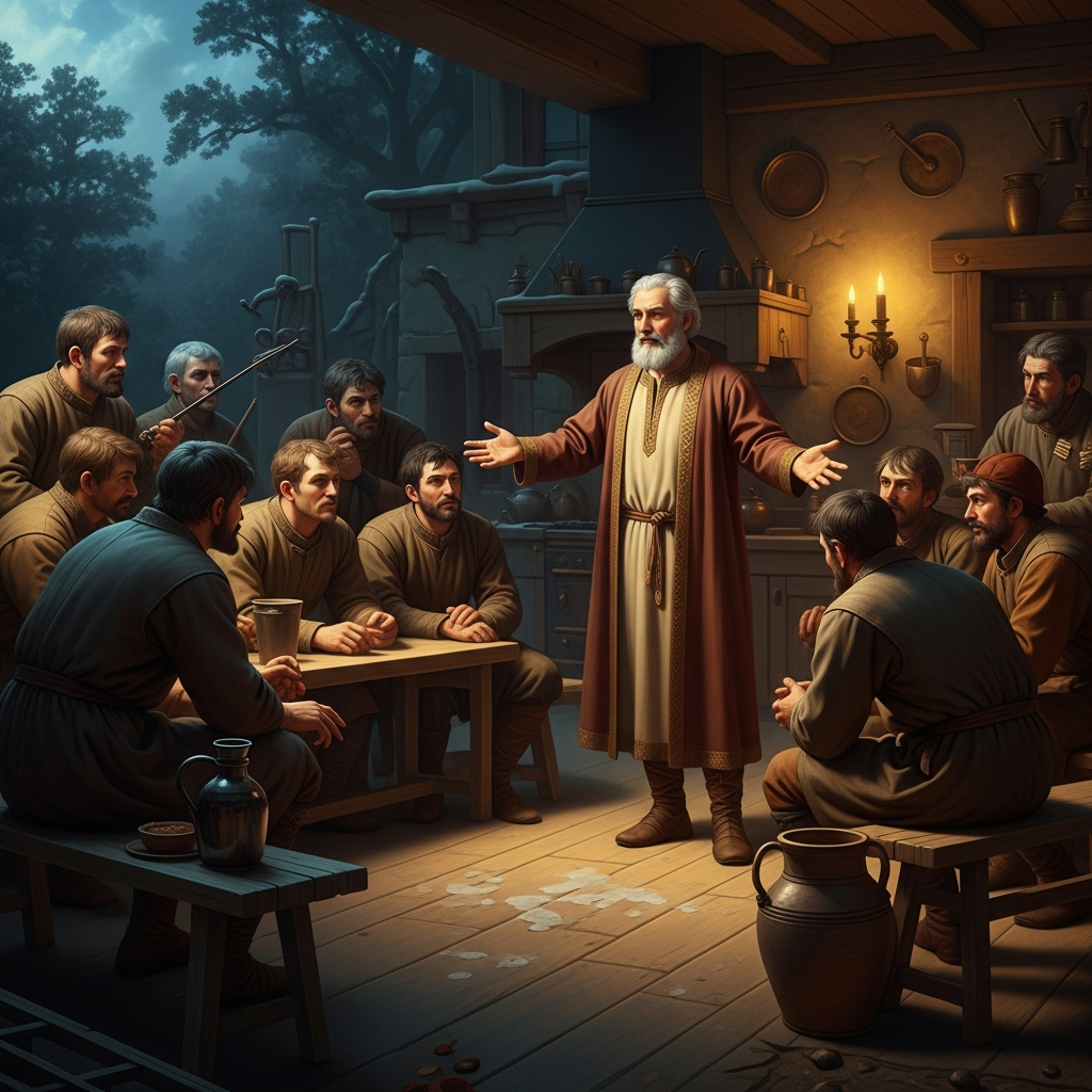 In a Medzhybizh tavern on a winter evening, the BeSHT tells a story to a circle of carters and tailors and water-drawers — the form of the teaching is the story, and the story has more weight than the commentary.