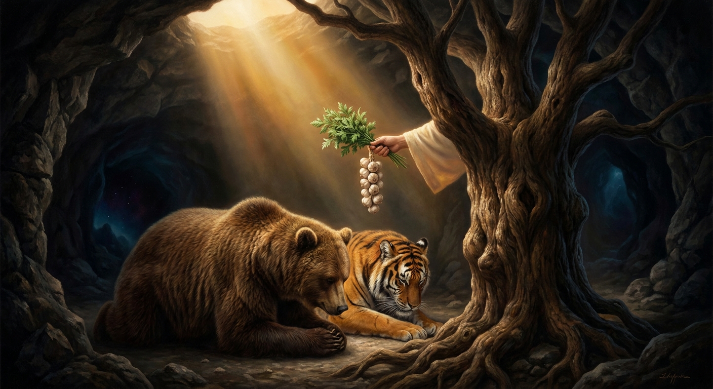 The bear and the tiger pray at the foot of the sandalwood tree. Hwanung gives them a single bundle of mugwort and twenty cloves of garlic and a single instruction: stay in the cave for one hundred days, eat only this, see no sunlight. The tiger lasts a week. The bear lasts twenty-one days, which is enough.