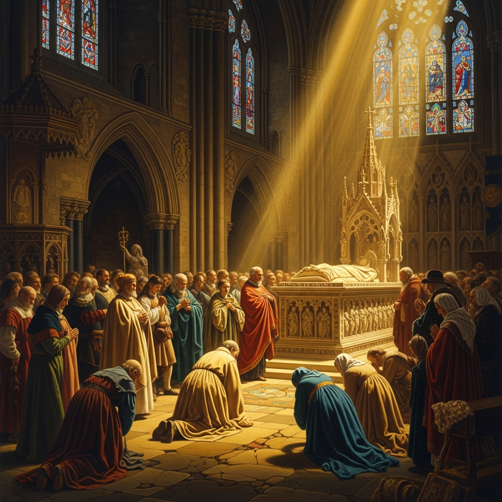 Within a year miracles are reported at the tomb. Pilgrims arrive from across Christendom, kneeling on the stone where he fell, and Canterbury becomes the wealthiest shrine in England.