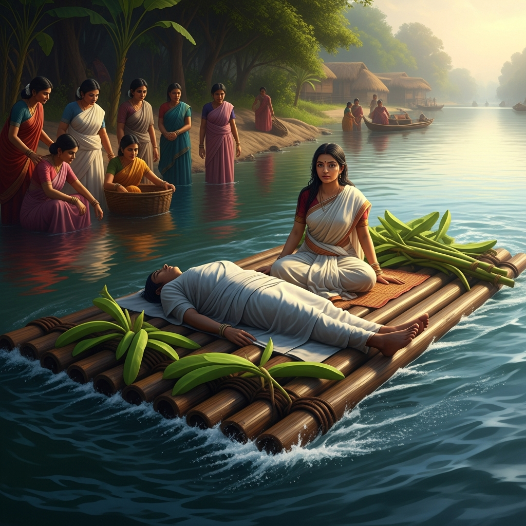 The great river at monsoon flood. A raft of plantain stems moves with the current, bearing a corpse wrapped in white cloth and a young woman sitting upright beside it, her sari dry despite the spray, her eyes looking forward. On the riverbanks the women of seven villages have gathered to watch her pass.