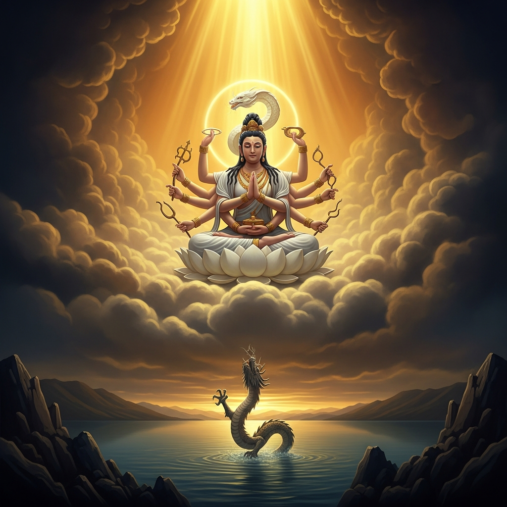 A golden cloud descends on the bay of Sagami in 552 CE. From it emerges Benzaiten — seated on a white lotus, biwa in hand, the eight arms of her full manifestation gathered in, wearing the white serpent in her hair. The lake below stirs. The dragon who has been devouring children rises toward the light.