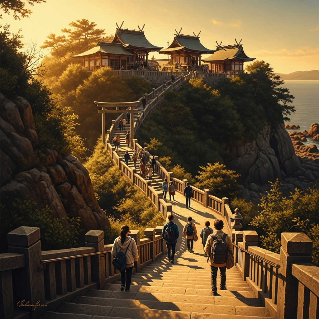 The Enoshima-jinja shrine in the golden light of afternoon. Pilgrims climb the stone stairs to the three separate shrines along the island's spine. At the inner sanctum, Benzaiten is represented by a small statue with eight arms — one of the few in Japan — holding the biwa, the bow, the sword, the rope, and other instruments whose purposes are left to inference.