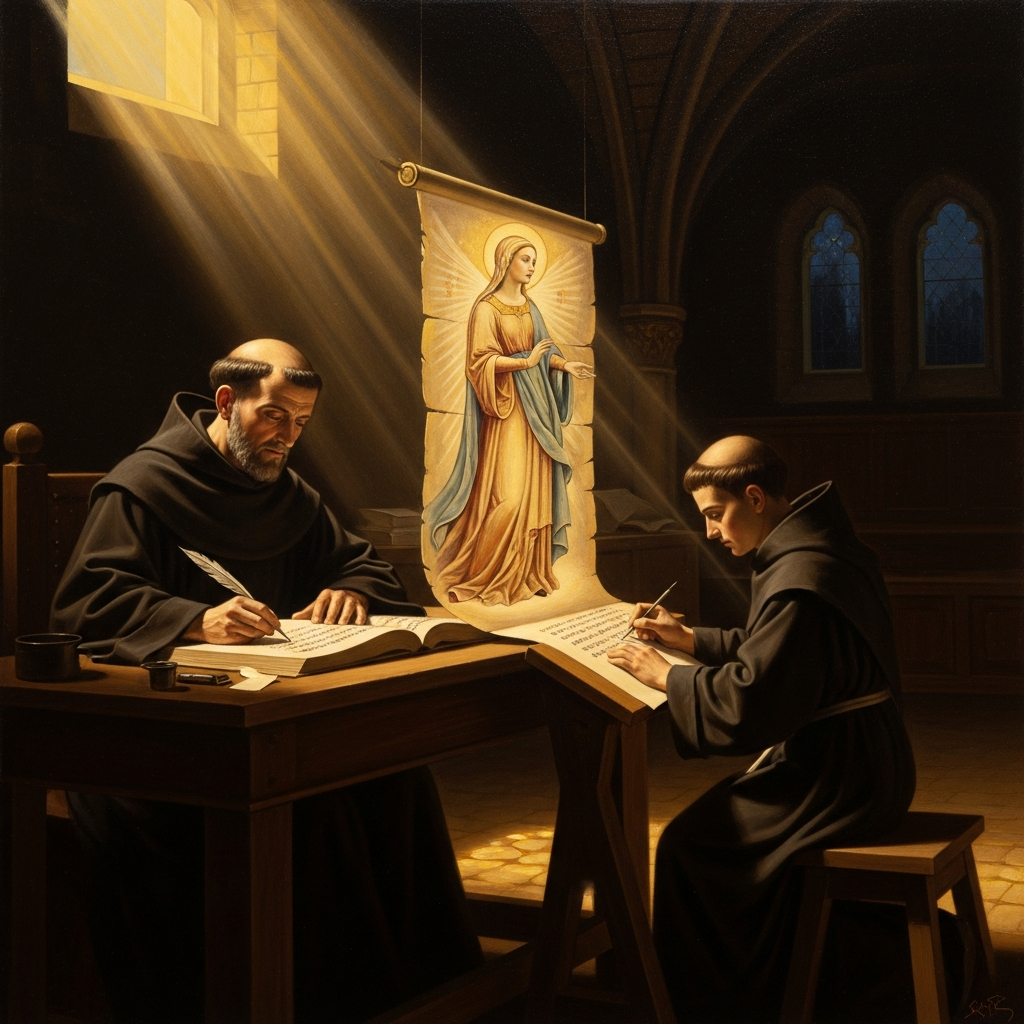 Bernard at Clairvaux, dictating the Song of Songs sermons — the Bride of Solomon moving through the pages toward the Bridegroom who is never fully named.