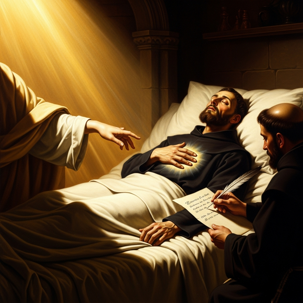 The deathbed at Clairvaux in 1153 — Bernard dictating the eighty-sixth sermon, the left hand of the Bridegroom, the embrace still in progress.