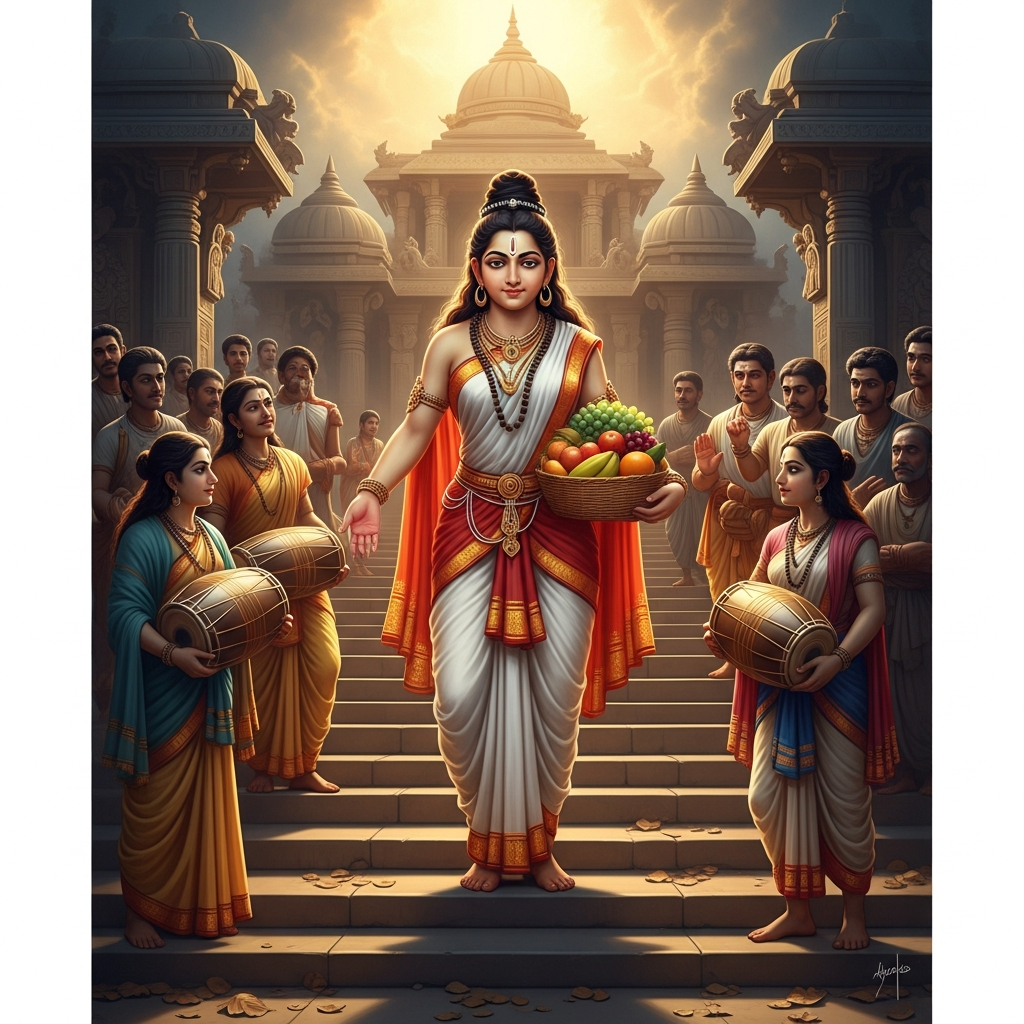 Bhadra returns from the public discourse with Mahavira. She is carrying nothing. She climbed the stairs this morning with musicians and fruit and cloth; she is climbing them now with her hands empty and her face altered. Shalibhadra has never seen her face like this.