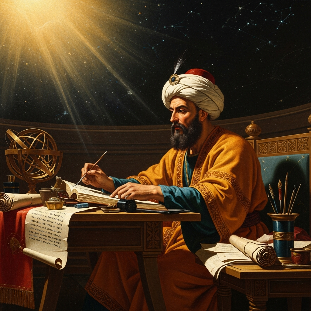 At a portable writing table, al-Biruni compares the Hindu astronomical tables with his own observations, marking where the Indian calculations diverge from the data and where they are more accurate than the Greek tradition.