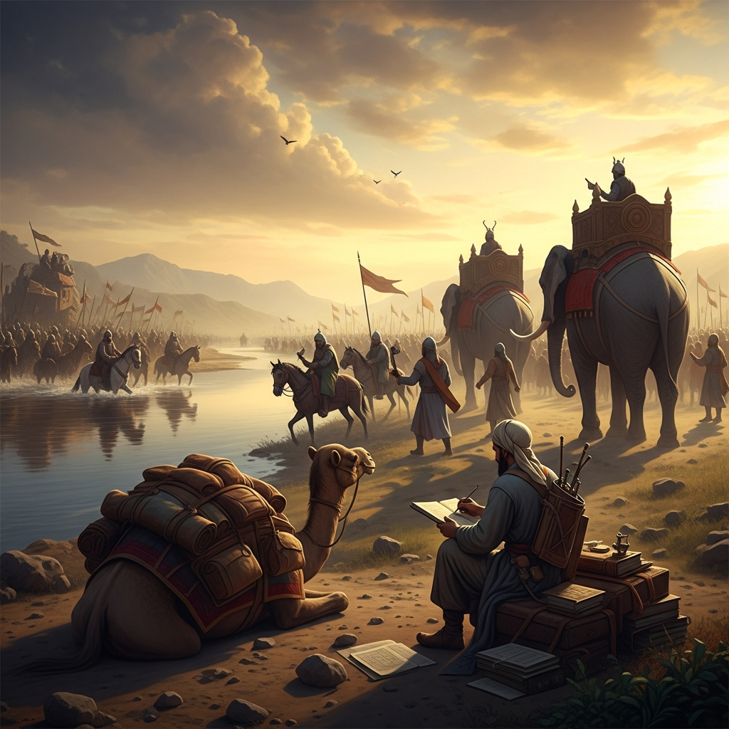 The Ghaznavid army crosses a river into the Punjab — and behind the cavalry and war elephants, a lone scholar with a camel-load of manuscripts and writing equipment makes notes on the terrain, the flora, and the astronomical latitude.