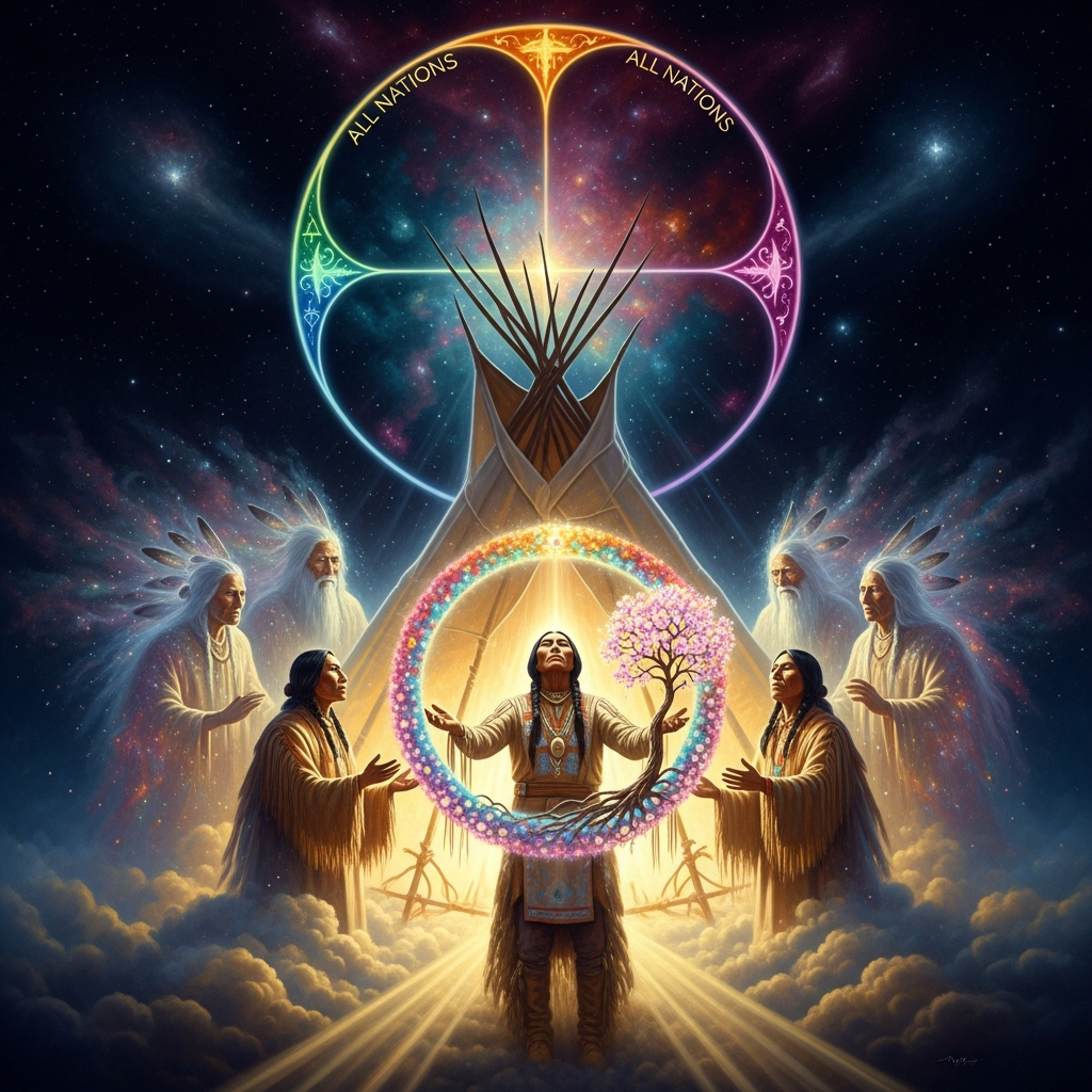 He stands before the Six Grandfathers in the cloud-tipi and receives the sacred hoop and the flowering tree.