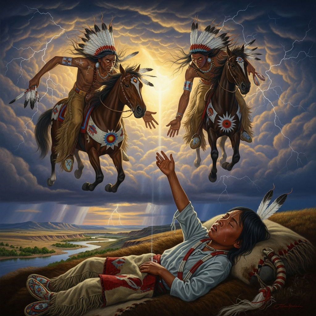 The boy collapses; the thunder beings come for him on horseback above the Little Powder River.
