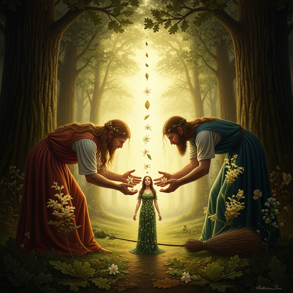 Math and Gwydion bending over the ground at the edge of the oak wood, hands moving through oak blossom and broom and meadowsweet. Between their hands a woman begins, petal by petal, until she is complete and standing and blinking at the light.