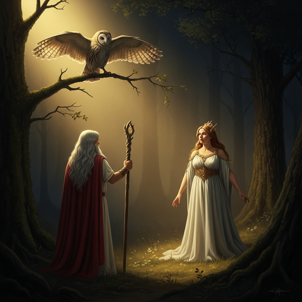 Gwydion standing in the clearing with his staff. On the branch above him, where Blodeuwedd was, an owl — pale, broad-faced, already turning away from the light. Not destroyed. Transformed into what she already was, in the story she was always going to tell.