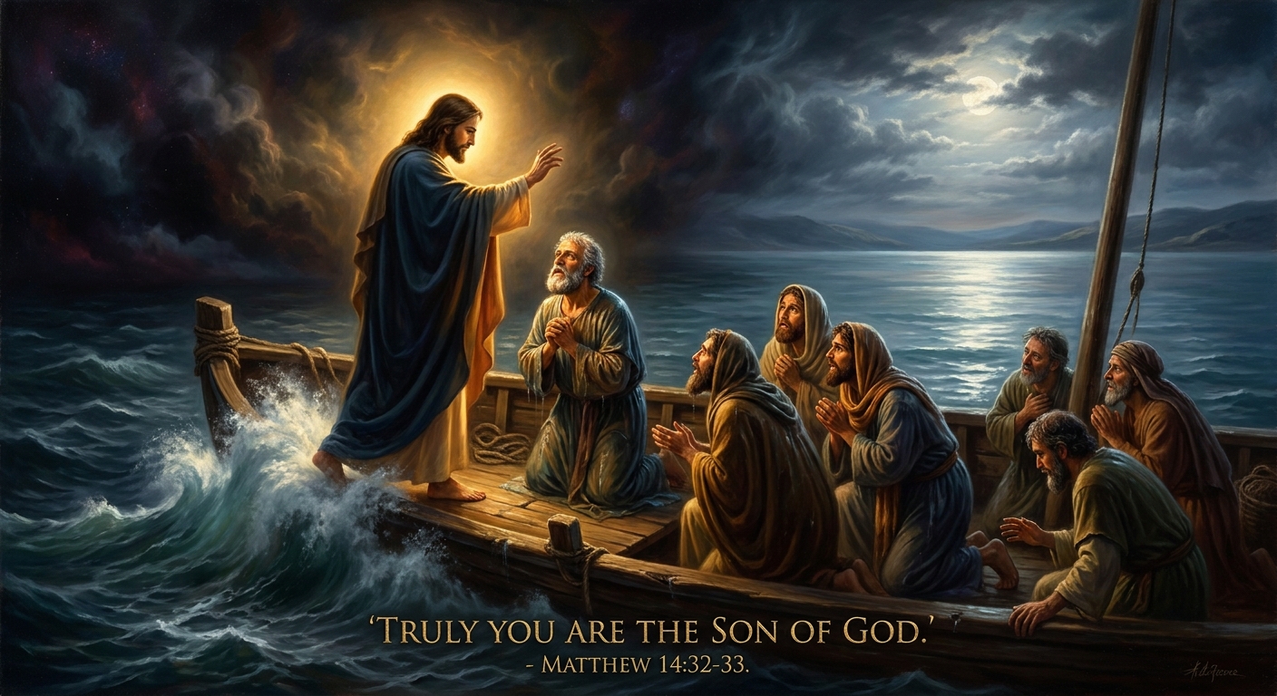 Jesus takes Peter's hand and they climb into the boat together. The wind stops. The disciples fall on their faces: *Truly you are the Son of God.*