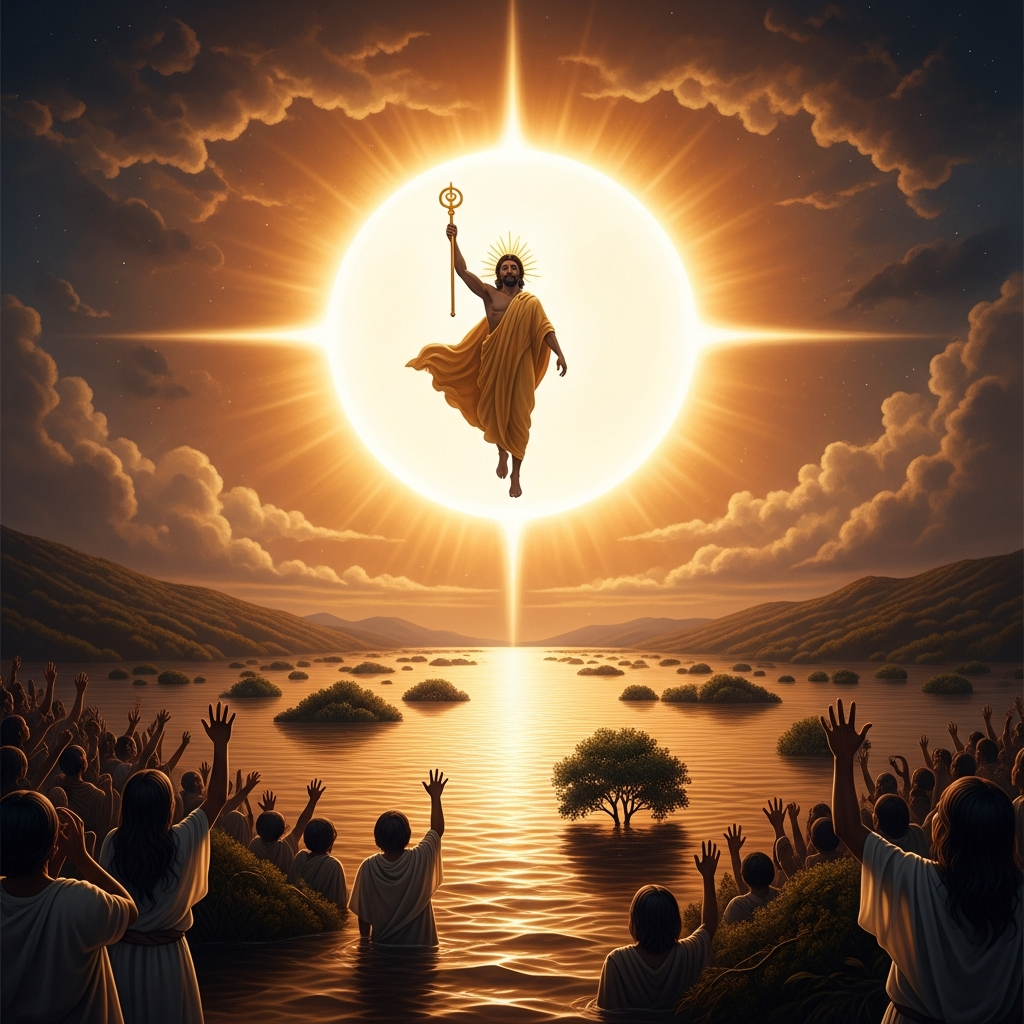 Bochica appearing as a radiant figure within the disc of the sun above the flooded Bogotá savannah — the entire highland plateau submerged in brown water, the Muisca people on the hilltops waving and crying out, Bochica visible in the solar light with his golden staff raised, about to descend.