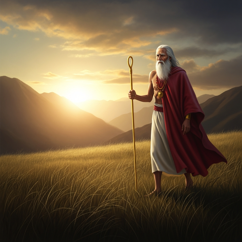 Bochica arriving from the east across the Andean highlands — a thin old man with a long white beard and a golden staff, walking unhurriedly across the Bogotá savannah toward the Muisca communities, the morning sun behind him, the highland grasses and the distant mountains framing his approach.