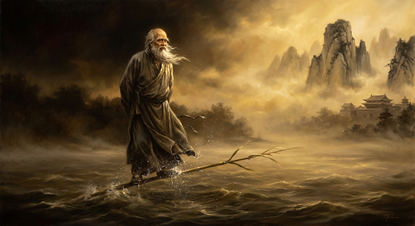 He crosses the Yangtze on a single reed, robe heavy with river-spray, the south already behind him.
