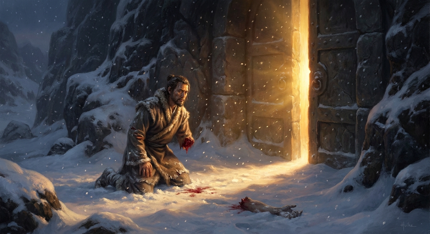 Huike rises, bows once at the master's feet, returns to his place, and does not speak. The room holds its breath.